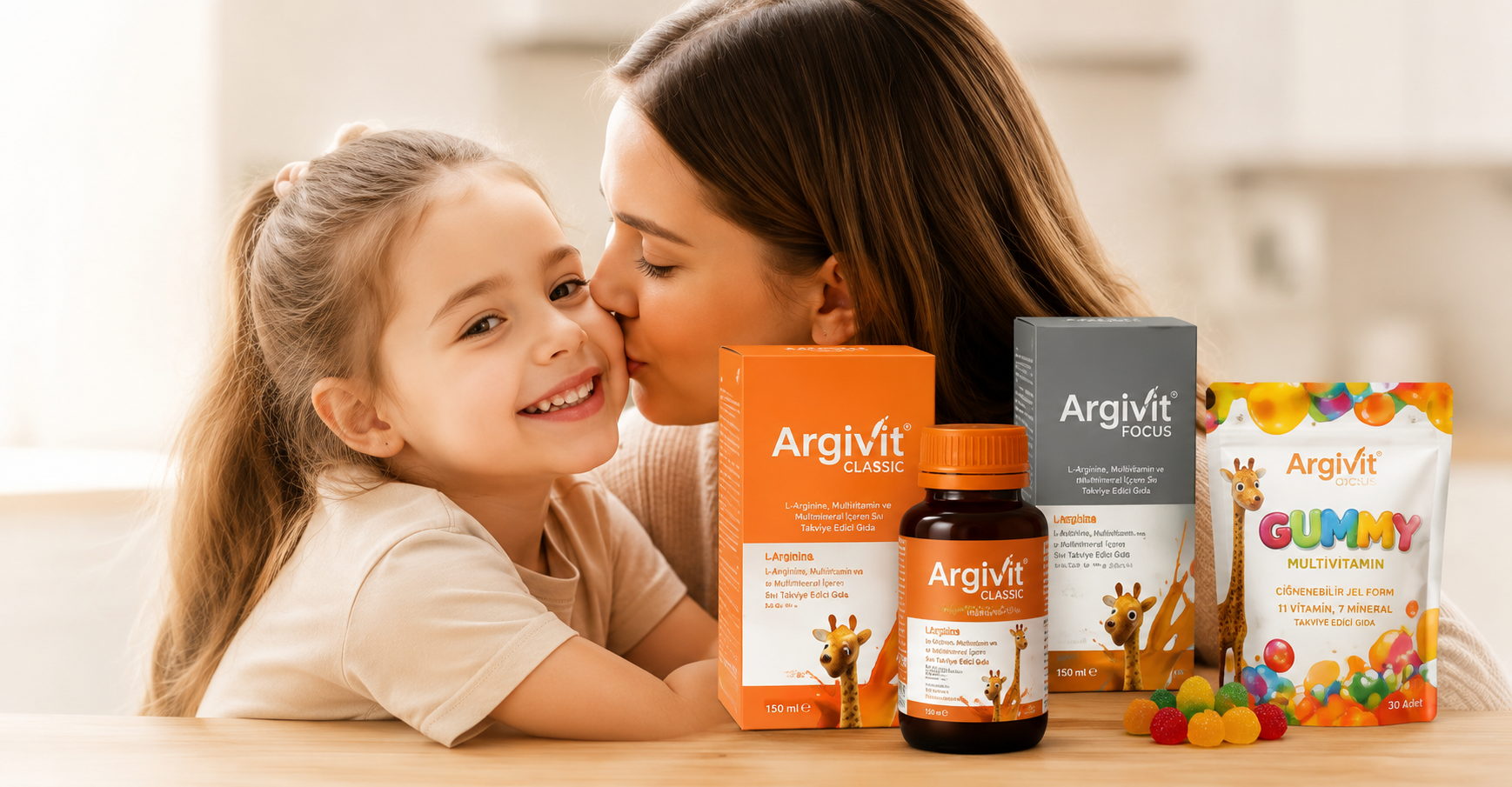 Une mère embrassant sa fille à côté des produits Argivit